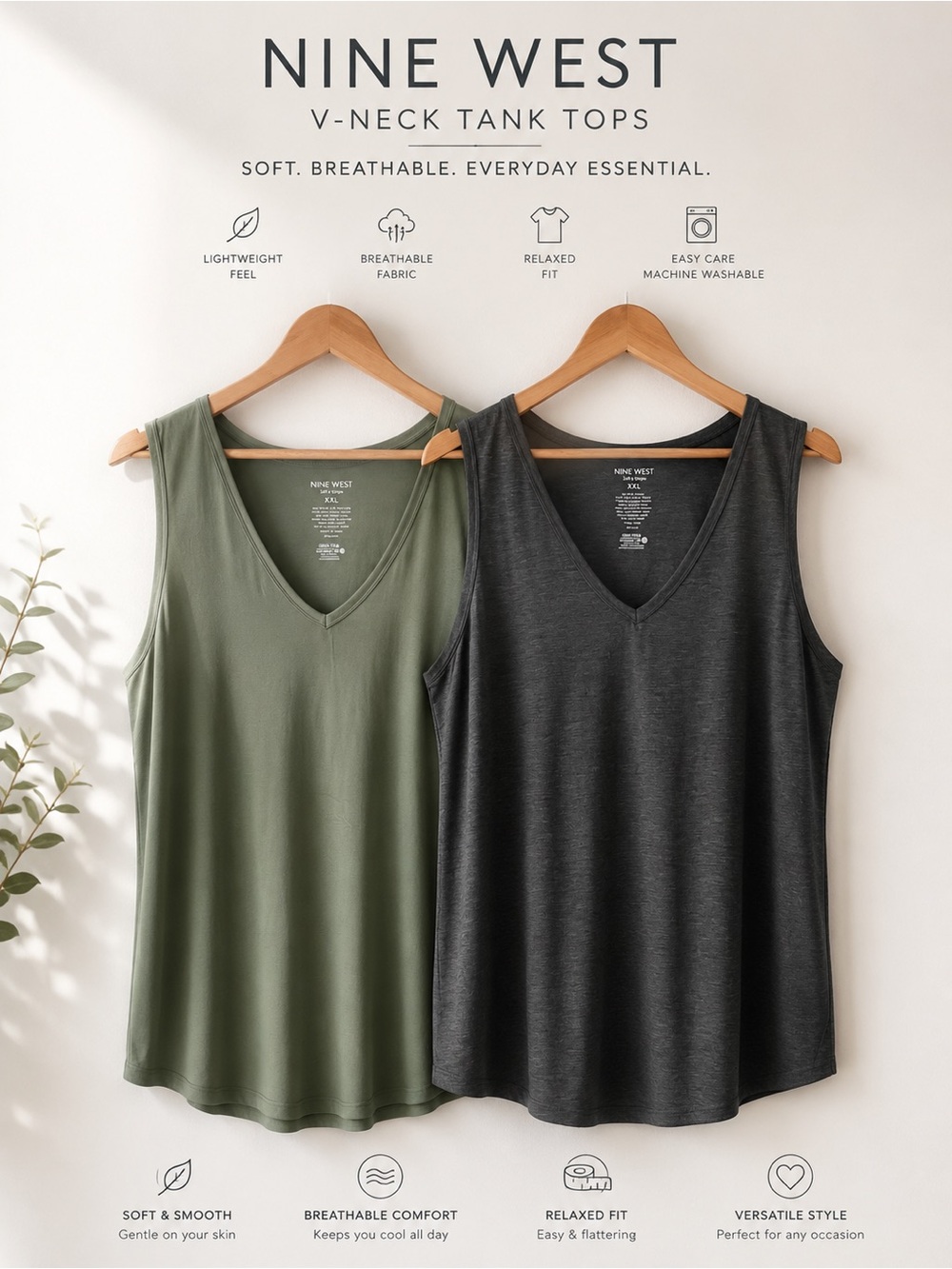 Bundle Nine West Olive Green and Gray V-Neck Tank Tops (Set of 2) - Size XXL